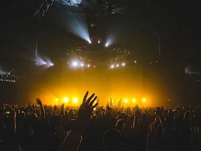 Live music venue atmosphere with golden stage lighting and passionate crowds