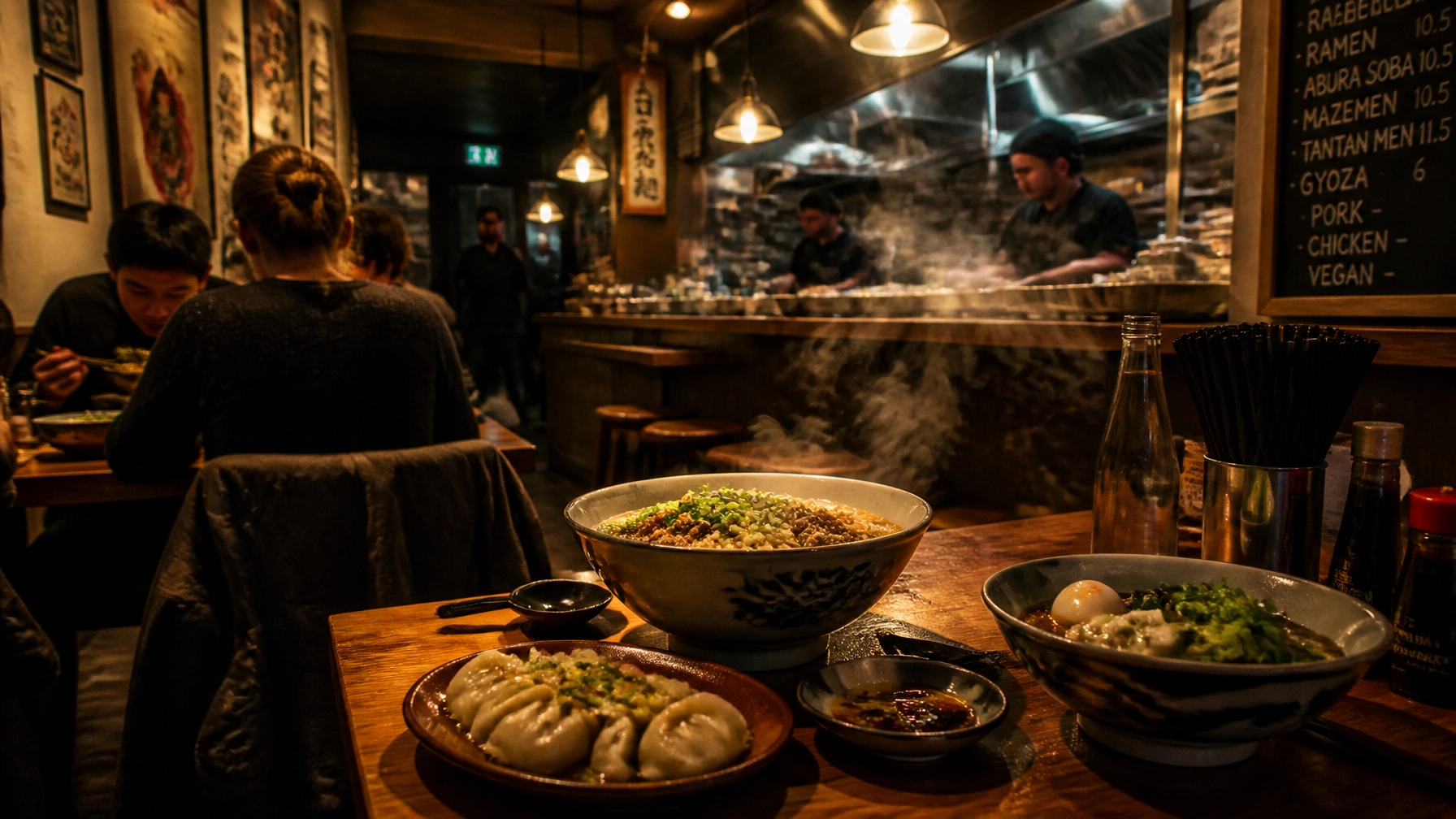 An intimate interior of a cosy London noodle bar with warm ambient lighting