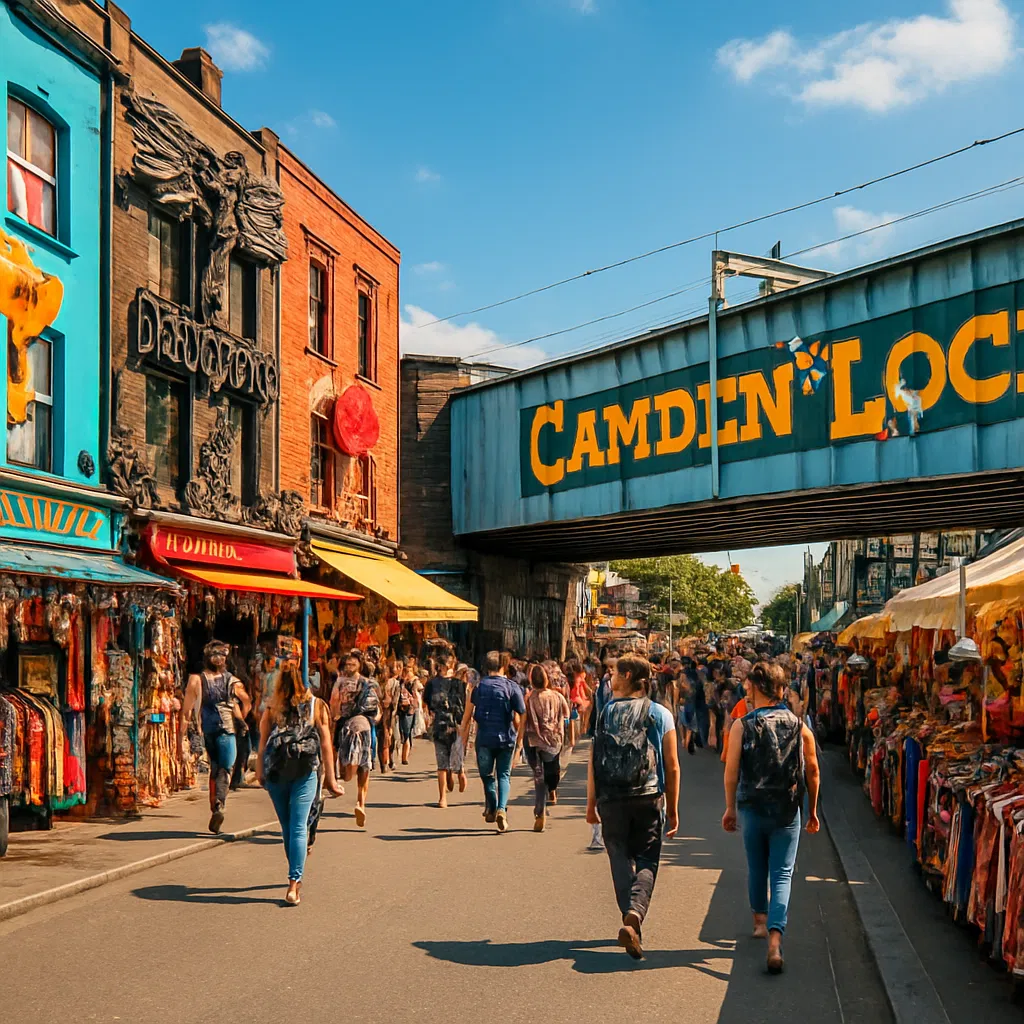 Camden Lock Market bustling with visitors and independent food stalls