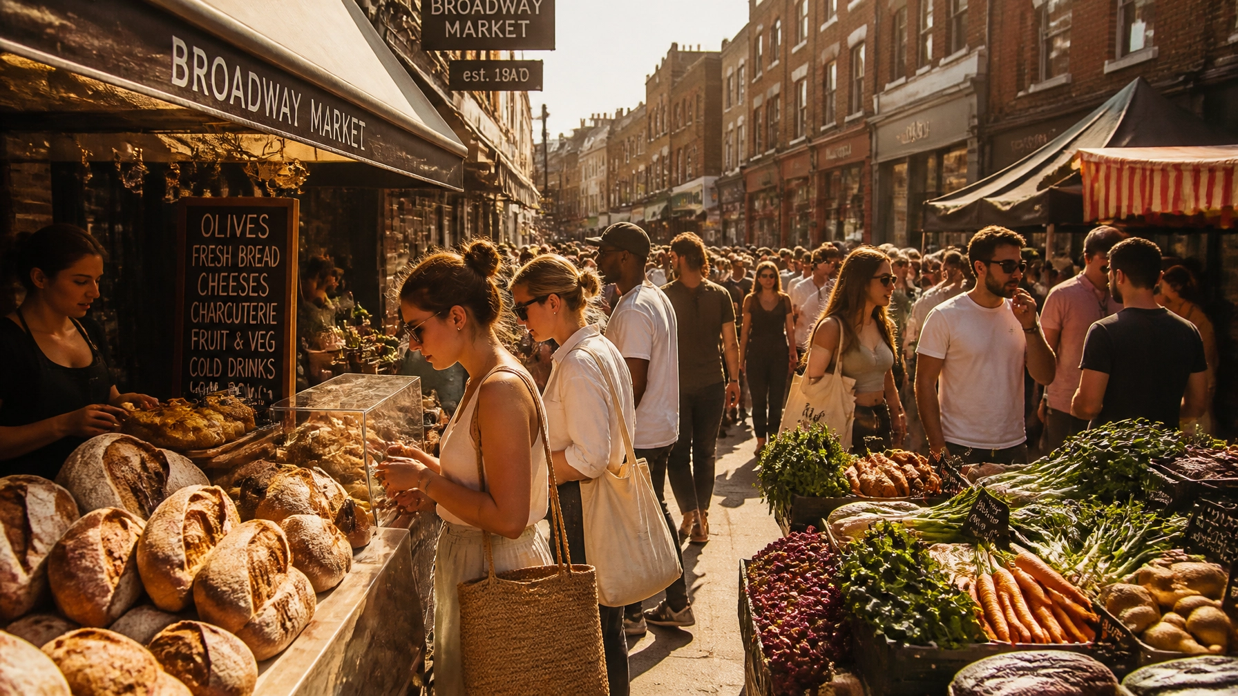 A bustling Saturday street market in Broadway Market, Hackney